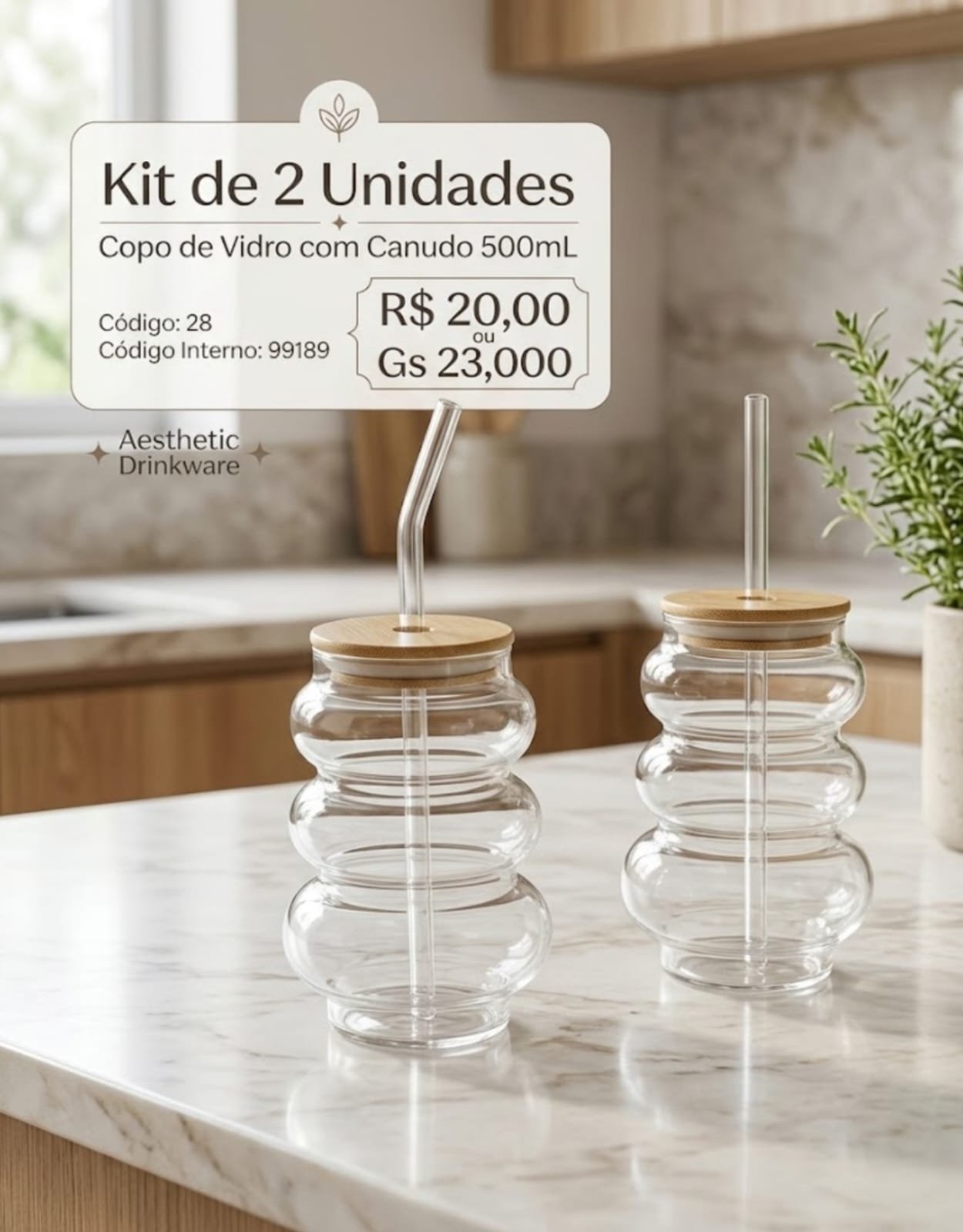 kit de 2 copo de vidro com canudo 500 ml