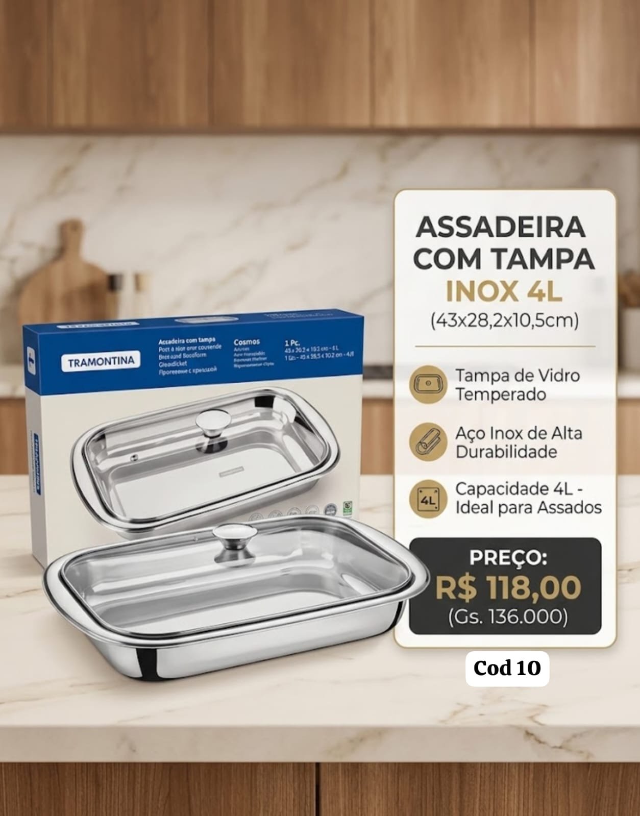 assadeira com tampa de vidro  inox 4l