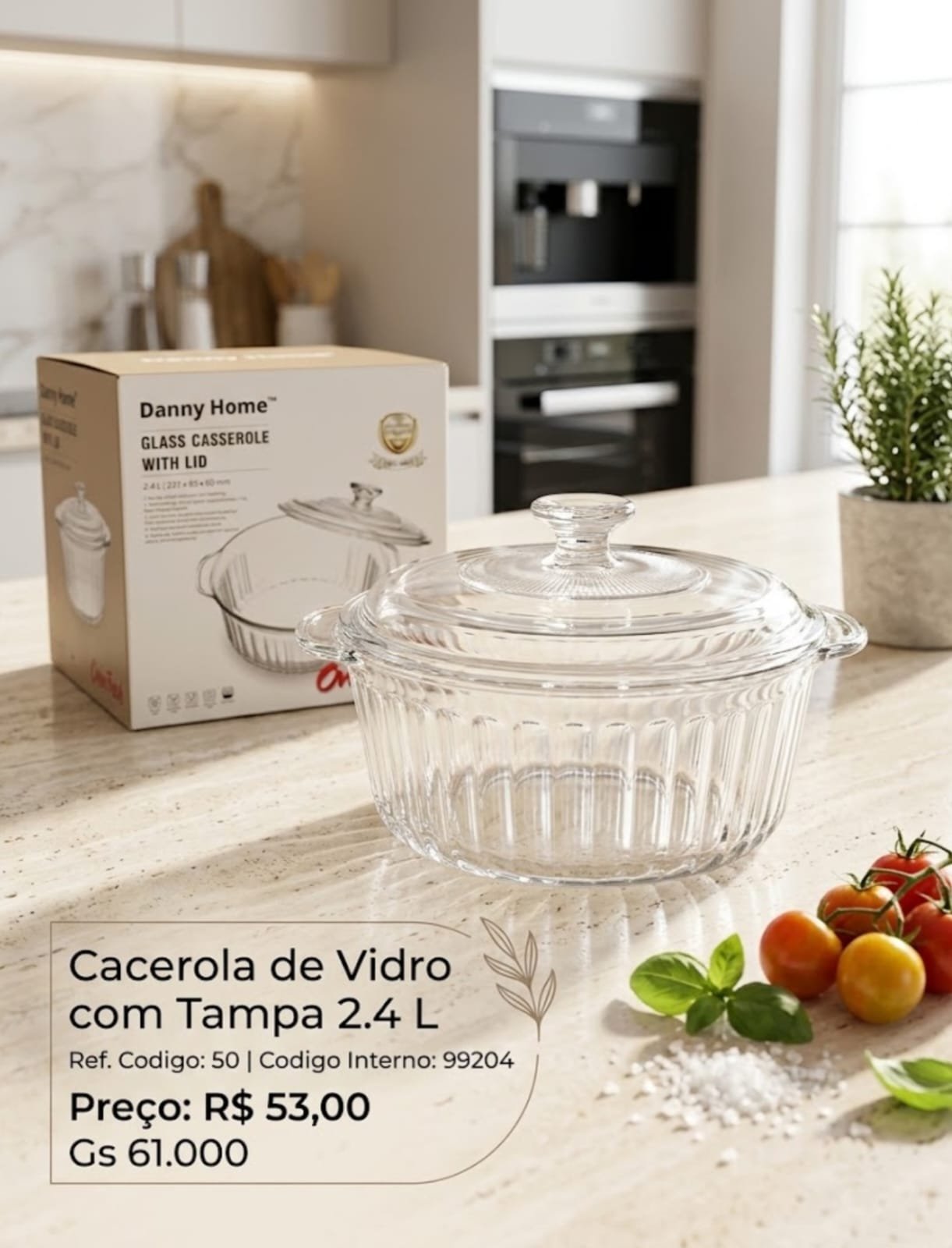 CACEROLA DE VIDRO COM TAMPA 2,4L