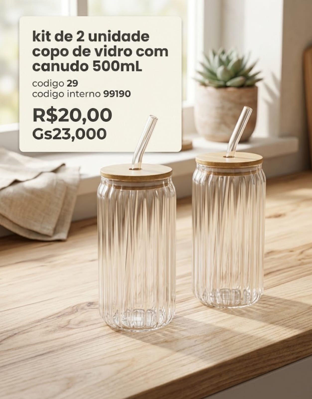 kit de 2 copo de vidro com canudo 500 ml